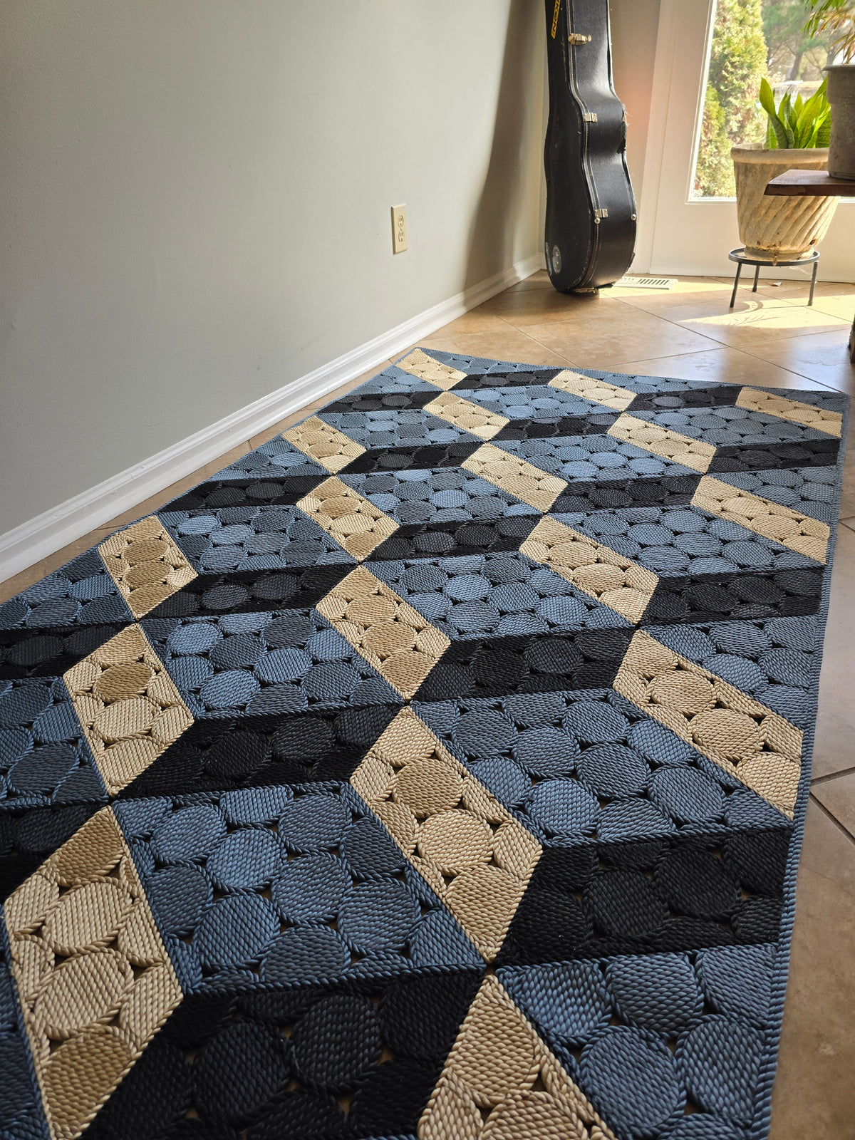 New England Rope Rug Nomadic State of Mind Rope Rug 3d boxes denim/camel/black