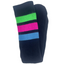 A pair of black crew socks folded together, featuring horizontal stripes in neon green, black, hot pink, light blue, and black near the cuff, on a white background.