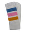 A pair of white knit socks with horizontal stripes in blue, pink, and orange, displayed on a light gray background.