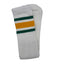 A single white ribbed sock with three horizontal stripes near the cuff in green, white, and orange, photographed on a plain light gray background.
