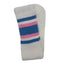 A single white ribbed knit sock with horizontal stripes in blue, pink, and white, folded on a light gray background.